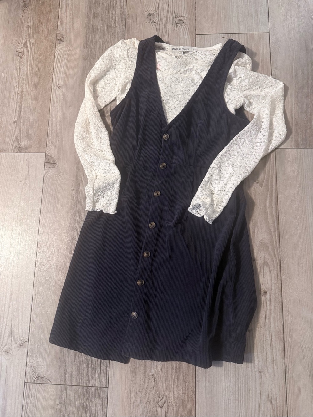 Wallflower Black Button-Front Pinafore Mini Dress with White Lace Top